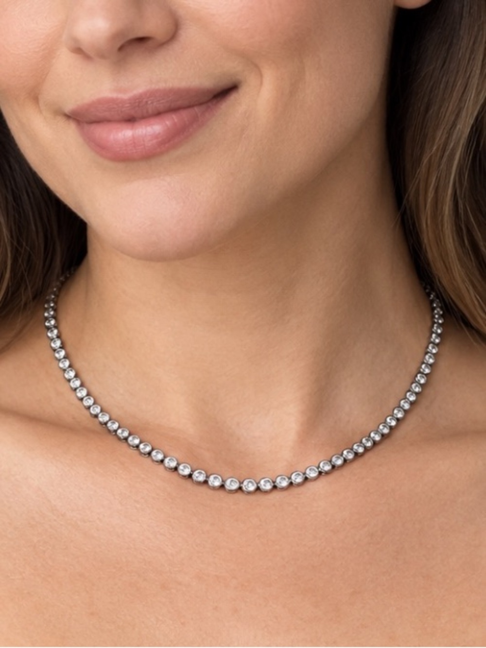 NEW Classic Silver Tennis Necklace 2mm Round Bezel Set Stones 16” Long